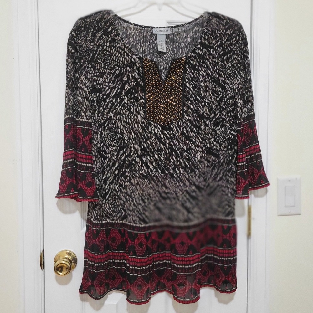 Womens Plus Size 1X Blouse Black Red Geometric Beaded Bell Sleeve Tunic Boho